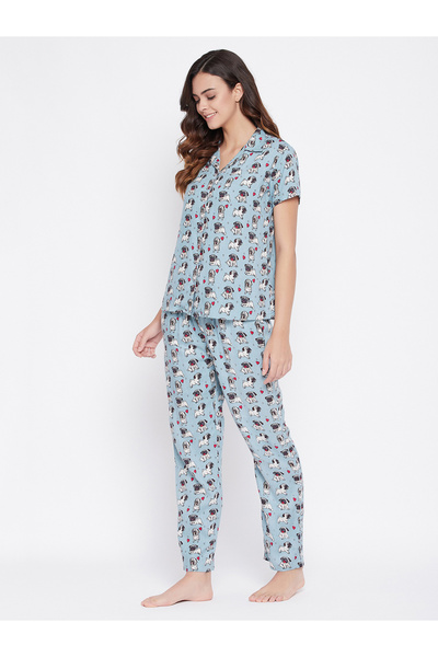 Clovia By Styli Printed Button Down Sleep Shirt and Pyjama Set