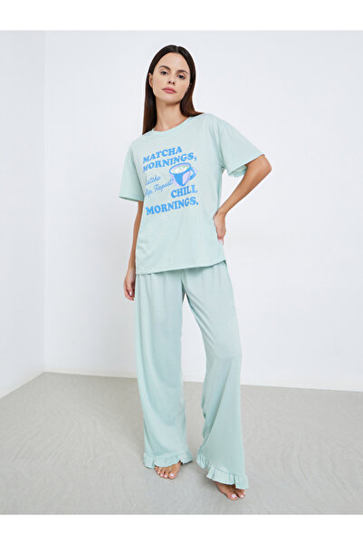 Styli Match Graphic Drop Shoulder T-Shirt and Ruffle Pyjama Set