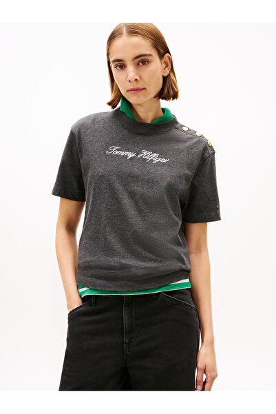 Tommy Hilfiger Women Grey Gold-Tone Button Logo Embroidery Relaxed T-Shirt