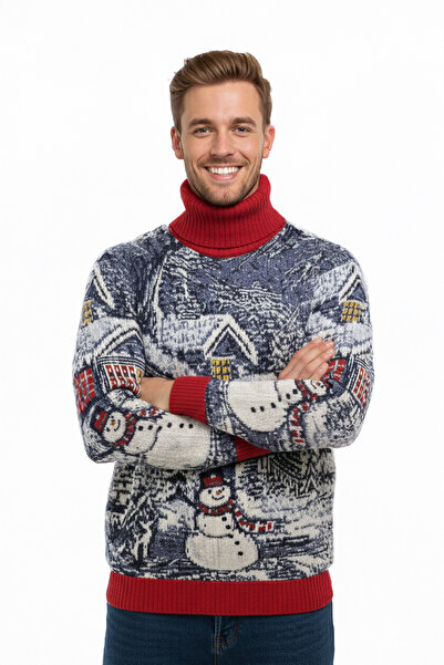Pulltonic Ανδρικό πουλόβερ με ζιβάγκο με χριστουγεννιάτικο σχέδιο με χιονάνθρωπο