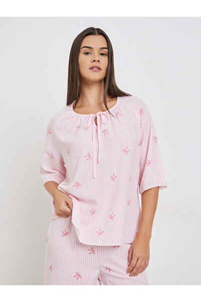 Styli All-Over Stripe and Bow Print Tie-Up Neck Top and Pyjama Set