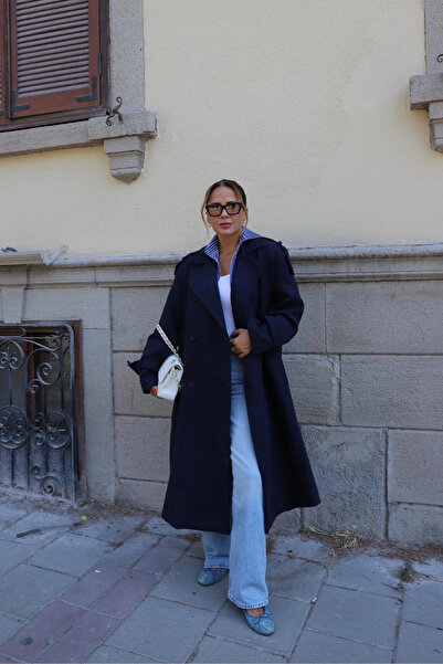 Purple by Banu Lacivert Oversize Kaşe Kaban