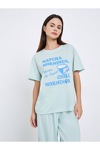 Styli Match Graphic Drop Shoulder T-Shirt and Ruffle Pyjama Set