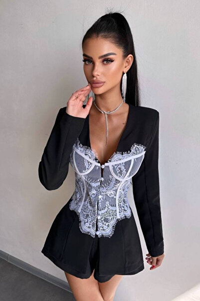 Love Fab Shoulder Pad Piece Lace Design Button Detail Special Design Jacket Shorts Set