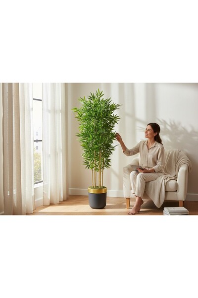 ERHAN FLOWERS Yapay bambu ağaç 150 cm 6 dallı yogun yaprak siyah gold saksı