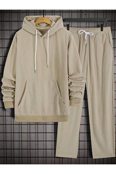 Take Two By Styli Men Beige Corduroy Hoodie and Pants Co-Ords
