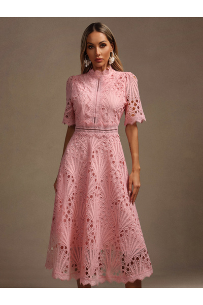 Take Two By Styli Women Pink All-Lace Midi Dress