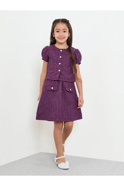 Styli Girls Purple Tweed Top and Skirt Set