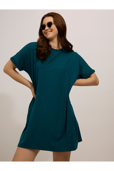 Outzidr By Styli Teal Fold-Up Sleeve T-Shirt Mini Dress