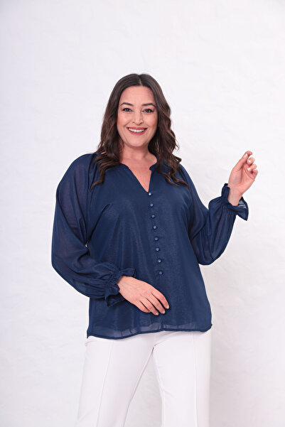 Shahiqa Büyük Beden Süs Düğmeli Şifon Bluz