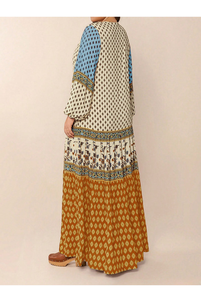 Take Two By Styli Women Bohemian Print Color Block Maxi Dress