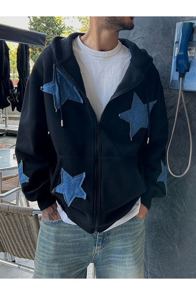 KOTOLOG Unisex Y2K Black Stars Cardigan Star Detail Hooded Zipper