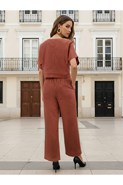 Freehand By Styli Brown V Neck Crop Top and Pants Co-ords