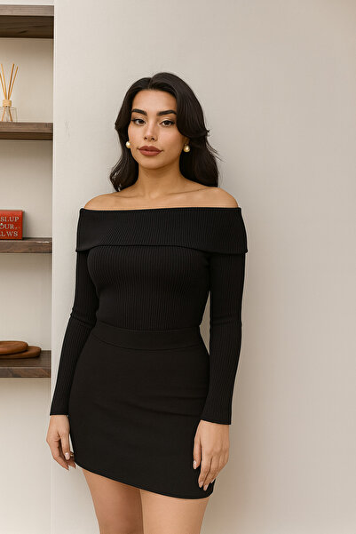 RAMİOR COLLECTION Omzu Open Black Women's Knitwear Blouse – Flexible Fabric, Long Sleeves, Stylish Fit Model