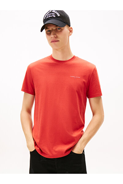 Tommy Hilfiger Men Red Linear Logo Slim Crew Neck T-Shirt