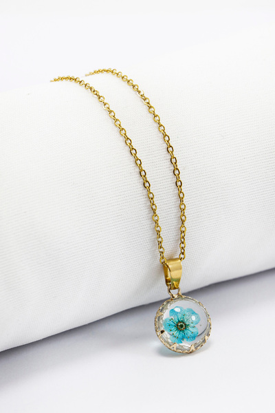 biuti Dried Turquoise Real Flower Bijoux Necklace, Gift Necklace