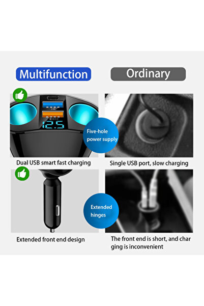 OEM Car Charger 12V-24V with Double Socket, PD QC3.0, 2xUSB, LED Display, Blue Atmosphere