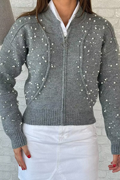 Mila Gray Pearl Zippered Knit Cardigan