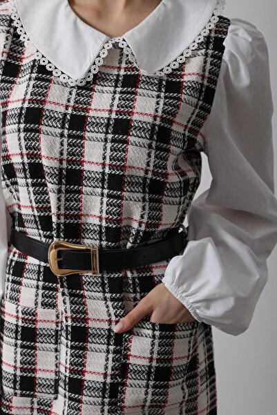 SHILSEE BEUTİQUE Women's Plaid B Peter Pan collar Belted Mini Dress Blue