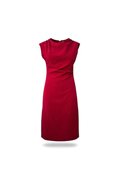 Eight Fashion Kadın Bordo Drapeli Fermuarlı Midi Boy Elbise