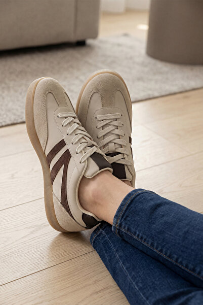 Marjin Women's Sneaker Lace-Up Flat Sole Retro Sports Shoes Norde Beige