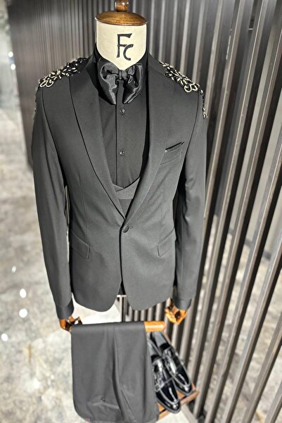 Fc Plus YELEKLİ DAMATLIK TAKIM ELBİSE(ALTIN TAŞLI SİYAH NAKIŞLI)