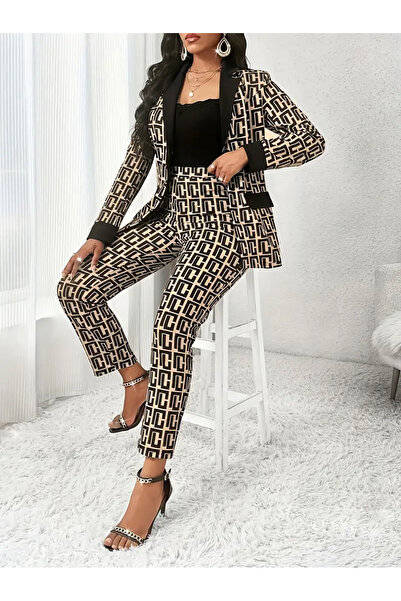 Valeria Butik Fleece-Lined Diver Fabric Geometric Pattern Jacket & Pants & Blouse Set