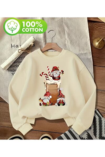 herkesemoda Christmas Theme Print Detailed Crew Neck Sweatshirt