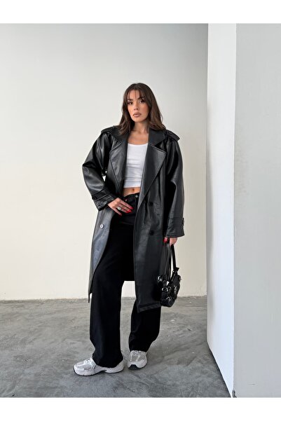 mydukkan.co Leather Trench Coat with Epaulet Detail