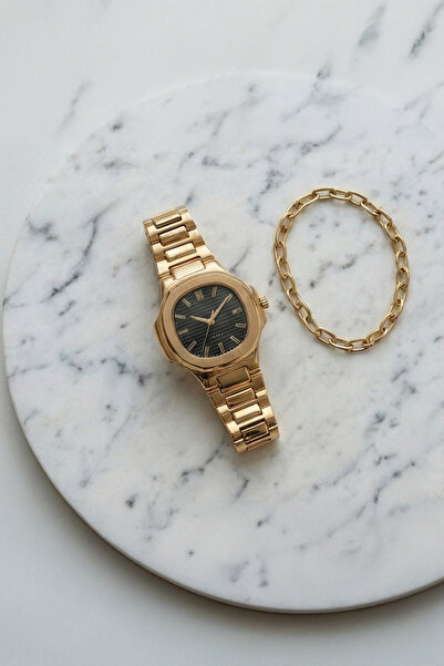 İnogge Pedoni Gold Case Gold Cord Black Dial Women Wristwatch