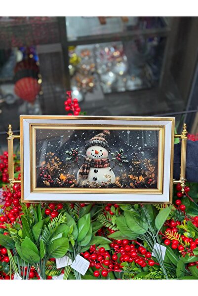 Ulus Home 18X30 cm Snow Themed Christmas Snowman Framed Decorative Tray with Metal Gold Handles