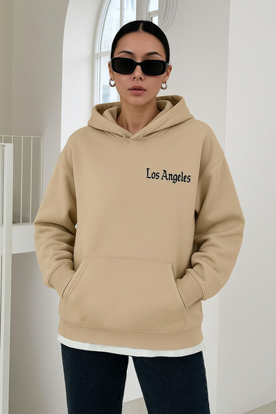 dont quıt سويت شيرت نسائي بيج قصة فضفاضة بغطاء رأس لوس أنجلوس مينيمال مطبوع