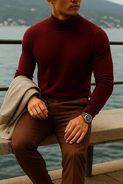 COMBİNE MİCHAİL Men's High Neck Casual Burgundy Knit Sweater