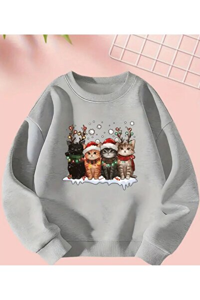 herkesemoda Christmas Cats Print Detailed Crew Neck Sweatshirt