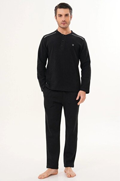 PREGNANT WORLD Men's Black Crew Neck Design Thessaloniki Fabric Winter Plus Size (Oversized) Pajama Set