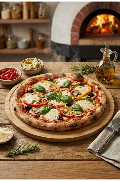 belivano 34 Cm Doğal Bambu Yuvarlak Kesme Tahtası, Sunum, Pizza ve Steak Tabağı