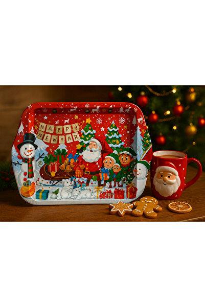 ATAGİFT HEDİYELİK Red New Year Metal Presentation Tray – Christmas Serving Tr...