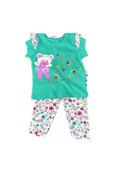 OEM Girls' Set - Green T-Shirt with Bear and Pants, Age 5 (Size 110 cm)
