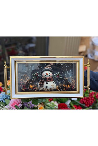 Ulus Home 18X30 cm Snow Themed Christmas Snowman Framed Decorative Tray with Metal Gold Handles