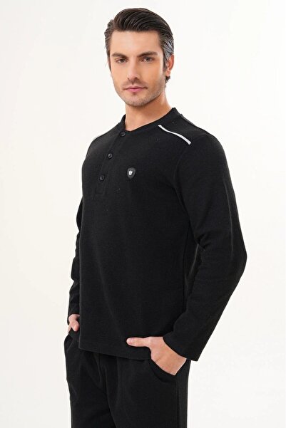 PREGNANT WORLD Men's Black Crew Neck Design Thessaloniki Fabric Winter Plus Size (Oversized) Pajama Set