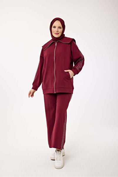 My City 6084 - Stylish Comfortable Cotton Wide Collar, Stone Detailed Pants Long Jacket Set