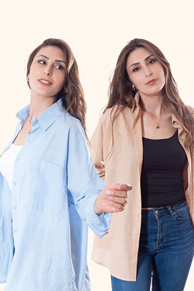 Justime Women's Oversized Cotton Linen Cream - Light Blue Shirt