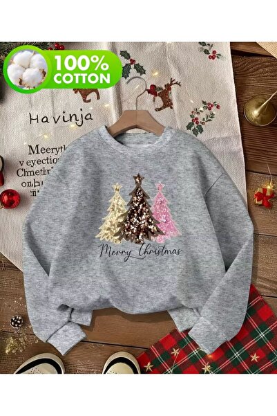 herkesemoda Crew Neck Sweatshirt with Christmas Tree Print Detail