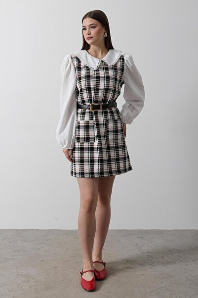 SHILSEE BEUTİQUE Women's Plaid B Peter Pan collar Belted Mini Dress Blue