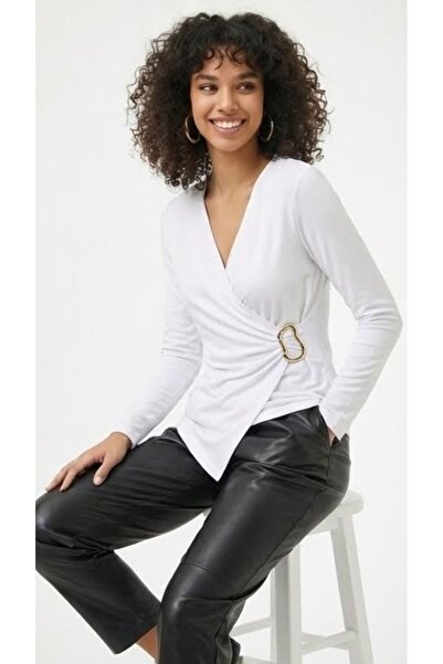 MELA ROSSA Women's White V-Neck Gathered Buckle Long Sleeve Interlock Fabric Blouse