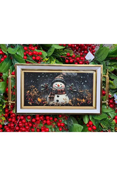 Ulus Home 18X30 cm Snow Themed Christmas Snowman Framed Decorative Tray with Metal Gold Handles
