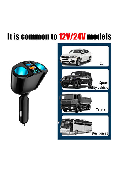 OEM Car Charger 12V-24V with Double Socket, PD QC3.0, 2xUSB, LED Display, Blue Atmosphere