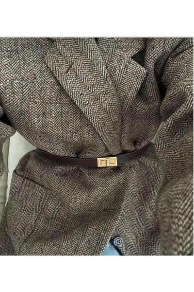 NOİR LUXE Bitter Brown Stitched Gold Buckle Women's Belt Trouser Belt Dress B...