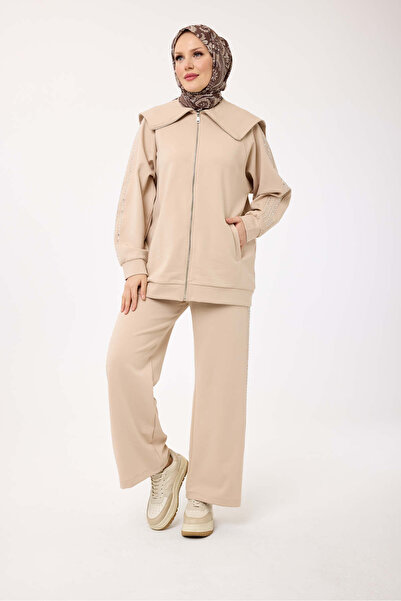 My City 6084 - Stylish Comfortable Cotton Wide Collar, Stone Detailed Pants Long Jacket Set