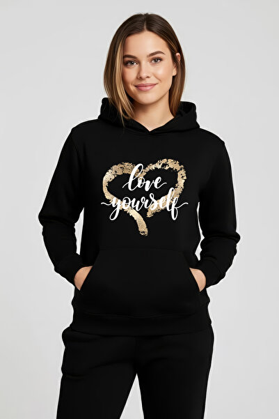 Gadali Дамска широка блуза с качулка, дълъг ръкав и мотив „Обичай себе си“
